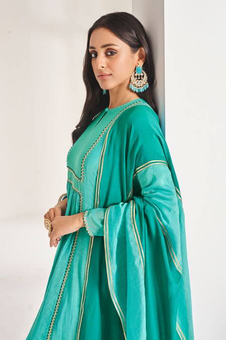 Shop Almaari By Pooja Patel Green Chanderi Embroidery, Gota Patti Round Neck Pita Anarkali Pant Set Online at Aza Fashions Shop_Almaari By Pooja Patel_Green Chanderi Embroidery, Gota Patti Round Neck Pita Anarkali Pant Set _Online_at_Aza_Fashions
