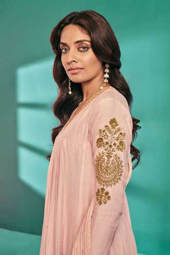 Almaari By Pooja Patel_Peach Chanderi Sequins, Embroidery, Tassels Leaf Neck Aari And Anarkali Pant Set _Online_at_Aza_Fashions