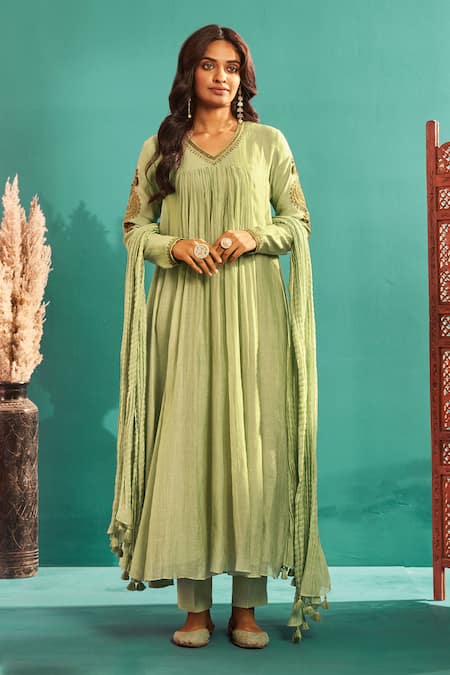 Almaari By Pooja Patel Green Chanderi Sequins, Applique Split V-neck Aari Embroidered Anarkali Pant Set 