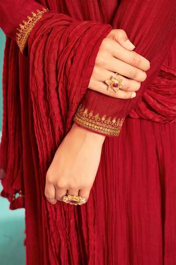 Buy_Almaari By Pooja Patel_Red Chanderi Sequins, Embroidery Leaf Neck Aari Anarkali Set _Online_at_Aza_Fashions