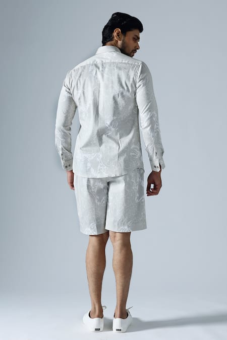 Shop_Klad_Gray Cotton Print Roseate Shirt And Shorts Set_at_Aza_Fashions