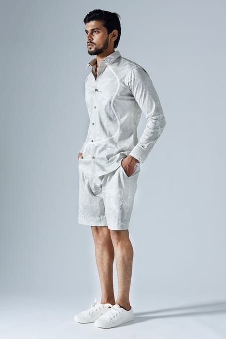 Buy_Klad_Gray Cotton Print Roseate Shirt And Shorts Set_Online_at_Aza_Fashions
