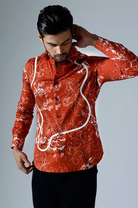 Buy_KLAD_Red Cotton Print Rosa Bloom Shirt_Online_at_Aza_Fashions