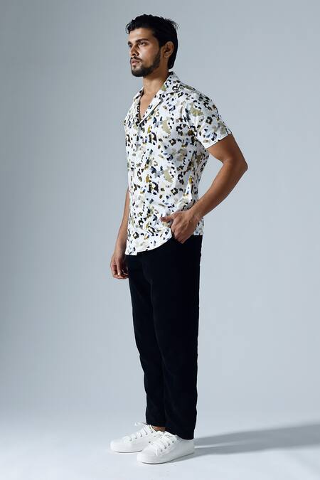 Klad White Cotton Embroidery Mosaic Print Shirt Online at Aza Fashions Klad_White Cotton Embroidery Mosaic Print Shirt_Online_at_Aza_Fashions