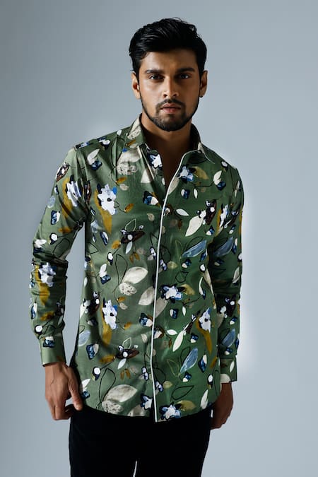 Klad_Green Cotton Embroidery Mish Mash Flora Print Shirt_Online_at_Aza_Fashions