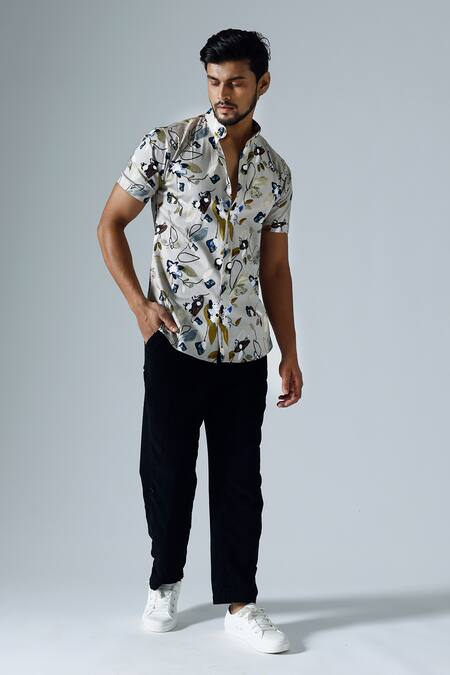 KLAD_Grey Cotton Print Flora Vine Shirt_Online_at_Aza_Fashions