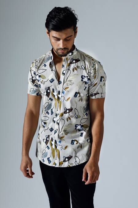 Buy_KLAD_Grey Cotton Print Flora Vine Shirt_Online_at_Aza_Fashions