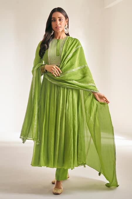 Almaari By Pooja Patel_Green Chanderi Embroidery, Gota Patti Round Neck Yoke Anarkali Pant Set _at_Aza_Fashions