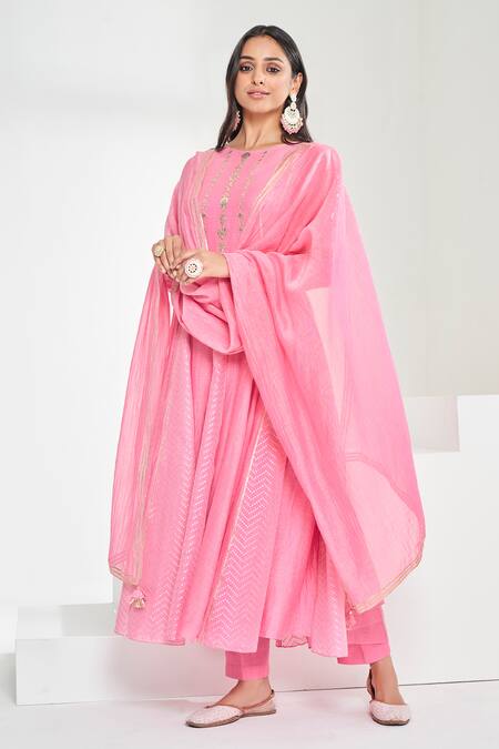 Shop Almaari By Pooja Patel Pink Chanderi Embroidery, Gota Patti Round Neck Hand Anarkali Pant Set Online at Aza Fashions Shop_Almaari By Pooja Patel_Pink Chanderi Embroidery, Gota Patti Round Neck Hand Anarkali Pant Set _Online_at_Aza_Fashions