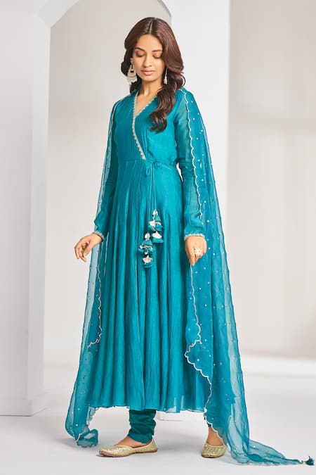 Buy Almaari By Pooja Patel Blue Chanderi, Cotton Mirrors, Embroidery V-neck Aari Angrakha Anarkali Set Online at Aza Fashions Buy_Almaari By Pooja Patel_Blue Chanderi, Cotton Mirrors, Embroidery V-neck Aari Angrakha Anarkali Set _Online_at_Aza_Fashions