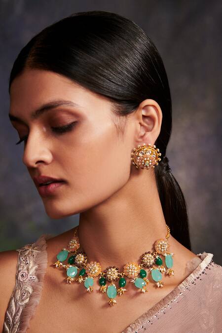 Aulerth X Tribe Amrapali_Blue Garden Of Eden Stone Embellished Necklace _Online_at_Aza_Fashions