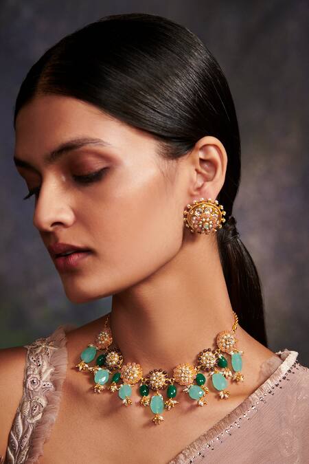 Aulerth X Tribe Amrapali_Pink Beads, Pearls Dusty Rose Stone Embellished Stud Earrings _Online_at_Aza_Fashions