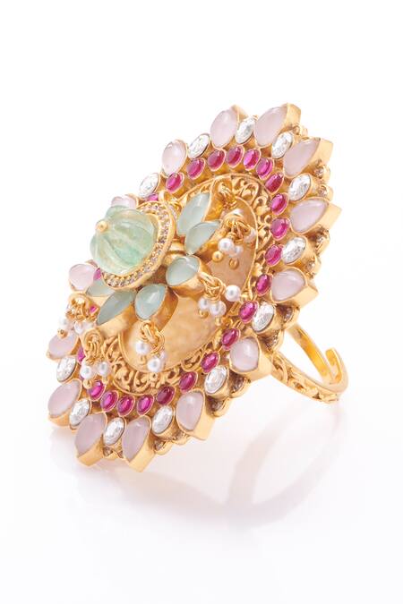 Aulerth X Tribe Amrapali_Pink Stones Dahlia Embellished Ring _Online_at_Aza_Fashions