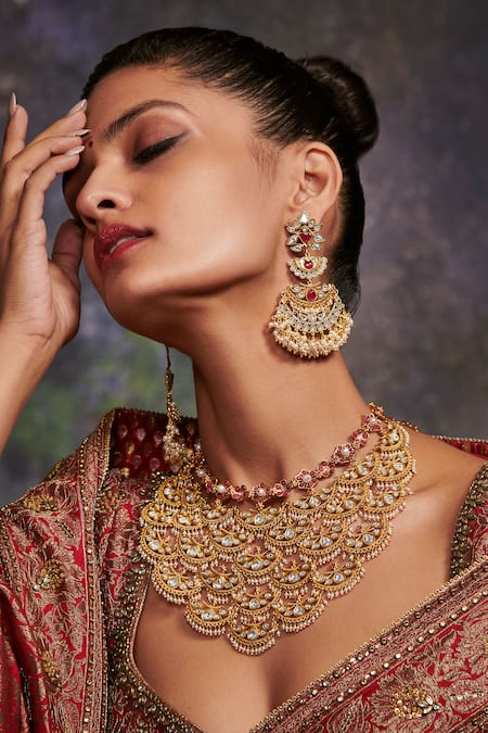 Buy_Aulerth X Tribe Amrapali_Red Diamonds, Stones Gilded Crescent Embellished Dangler Earrings _Online_at_Aza_Fashions