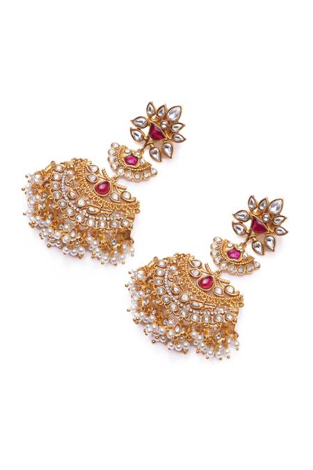 Buy_Aulerth X Tribe Amrapali_Red Diamonds, Stones Gilded Crescent Embellished Dangler Earrings 