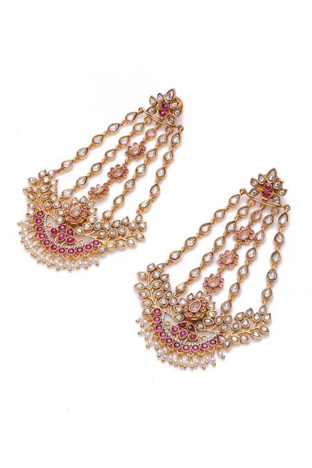 Aulerth X Tribe Amrapali_Red Beads, Stones Essence Of Regalia Embellished Dangler Earrings _Online_at_Aza_Fashions