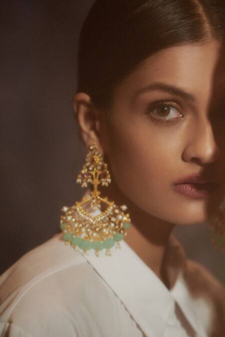 Aulerth X Tribe Amrapali_Green Beads, Crystals Touch Of Azure Stone Embellished Dangler Earrings _Online_at_Aza_Fashions