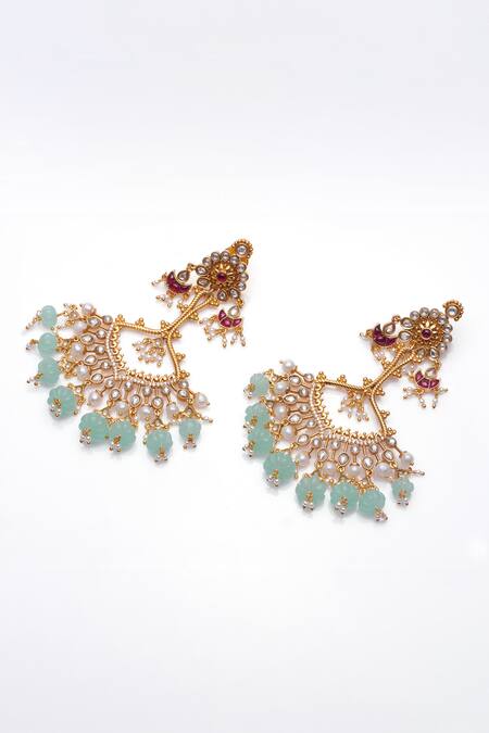 Aulerth X Tribe Amrapali_Green Beads, Crystals Touch Of Azure Stone Embellished Dangler Earrings _at_Aza_Fashions