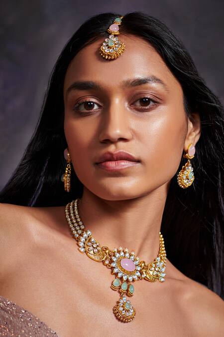 Aulerth X Tribe Amrapali_Pink Beads, Stones Hymns Of Springtime Embellished Dangler Earrings _Online_at_Aza_Fashions