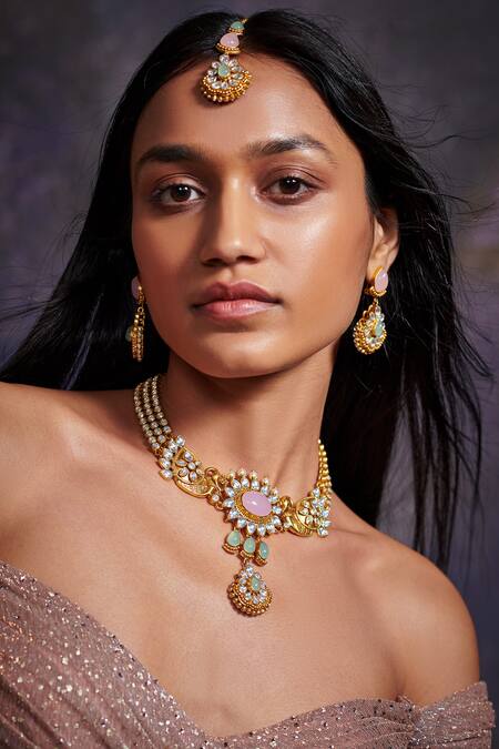 Buy_Aulerth X Tribe Amrapali_Pink Hymns Of Springtime Stone Embellished Maangtikka _Online_at_Aza_Fashions