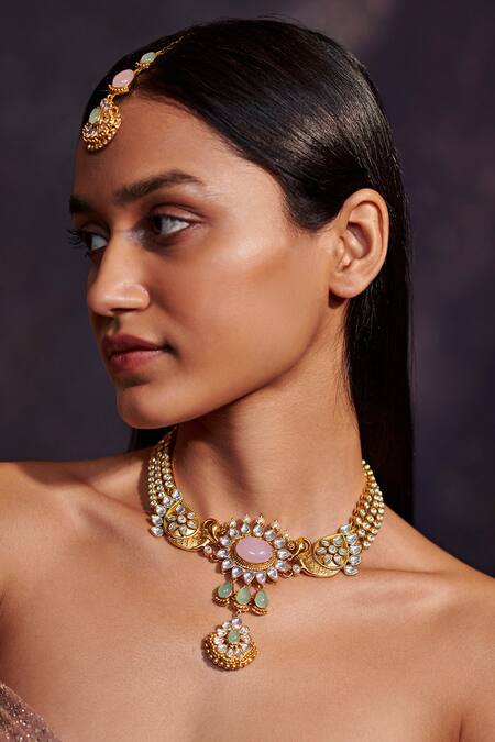 Shop_Aulerth X Tribe Amrapali_Pink Hymns Of Springtime Stone Embellished Maangtikka _Online_at_Aza_Fashions