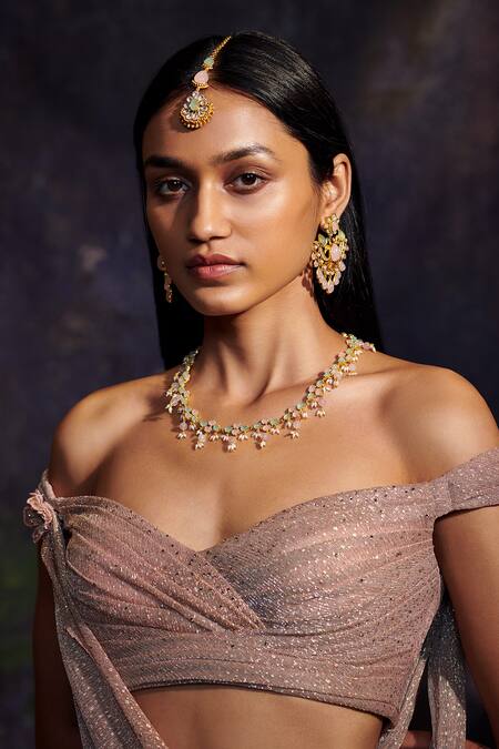 Aulerth X Tribe Amrapali_Pink Hymns Of Springtime Stone Embellished Maangtikka _at_Aza_Fashions