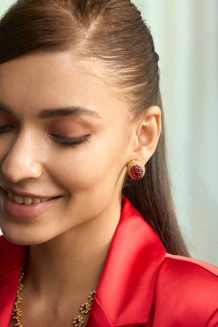 Aulerth X Tribe Amrapali Red Engineered Stones Gulmohar Crimson Embellished Stud Earrings 