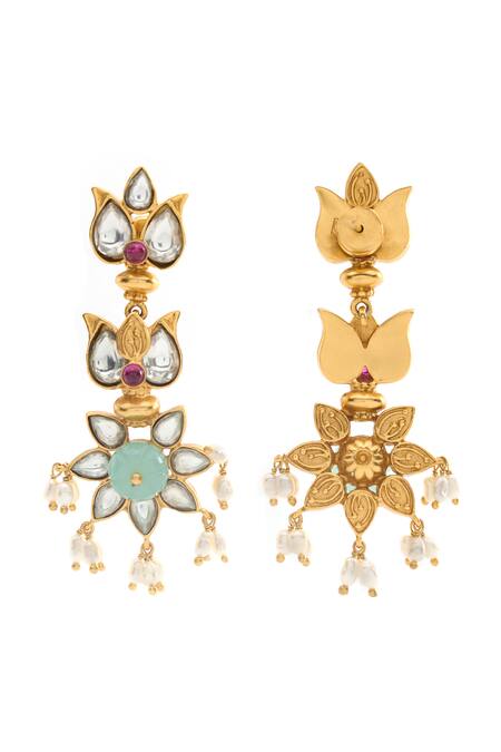 Aulerth X Tribe Amrapali_White Crystals, Pearls Gulmohar Lotus Stone Embellished Dangler Earrings _Online_at_Aza_Fashions