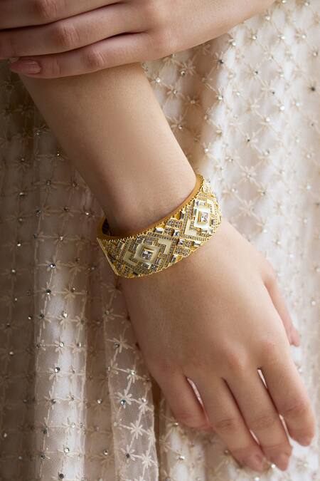 Aulerth X JJ Valaya White Diamonds, Zari Amelia Geometric Cut Work Bangle Online at Aza Fashions Aulerth X JJ Valaya_White Diamonds, Zari Amelia Geometric Cut Work Bangle _Online_at_Aza_Fashions