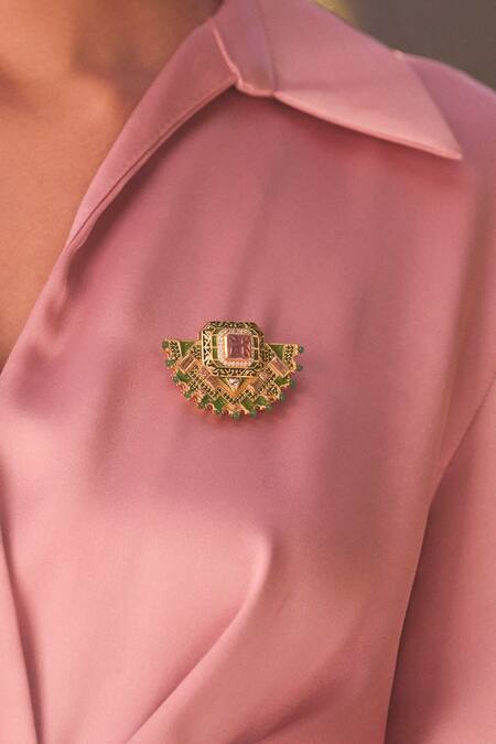 Aulerth X JJ Valaya Green Crystals Geometric Enamel Brooch Online at Aza Fashions Aulerth X JJ Valaya_Green Crystals Geometric Enamel Brooch _Online_at_Aza_Fashions