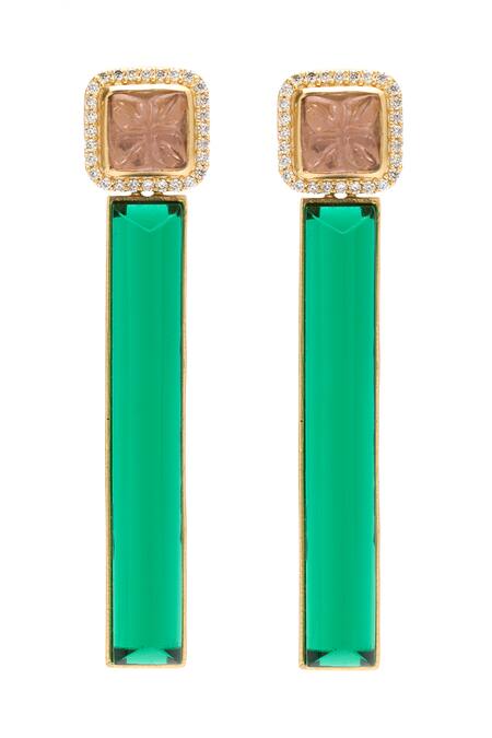 Shop Aulerth X JJ Valaya Green Diamonds, Stones Rumeli Geometric Cut Work Earrings at Aza Fashions Shop_Aulerth X JJ Valaya_Green Diamonds, Stones Rumeli Geometric Cut Work Earrings _at_Aza_Fashions