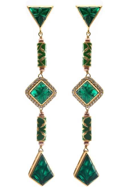 Shop Aulerth X JJ Valaya Green Crystals, Stones Rumeli Carved Embellished Earrings at Aza Fashions Shop_Aulerth X JJ Valaya_Green Crystals, Stones Rumeli Carved Embellished Earrings _at_Aza_Fashions