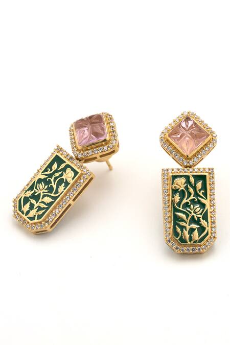 Shop Aulerth X JJ Valaya Green Crystals Rumeli Enamel Work Drop Earrings at Aza Fashions Shop_Aulerth X JJ Valaya_Green Crystals Rumeli Enamel Work Drop Earrings _at_Aza_Fashions