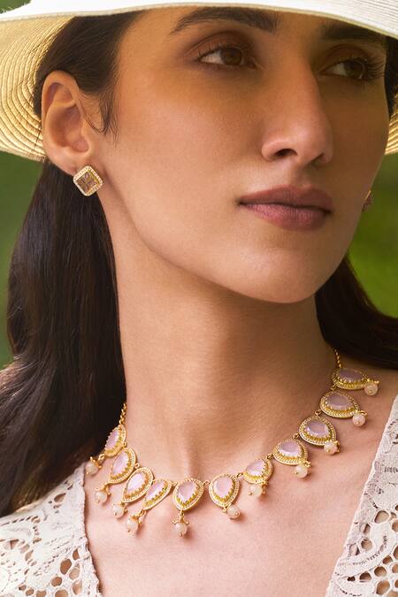 Buy Aulerth X JJ Valaya Pink Stones Amelia Carved Embellished Stud Earrings Online at Aza Fashions Buy_Aulerth X JJ Valaya_Pink Stones Amelia Carved Embellished Stud Earrings _Online_at_Aza_Fashions