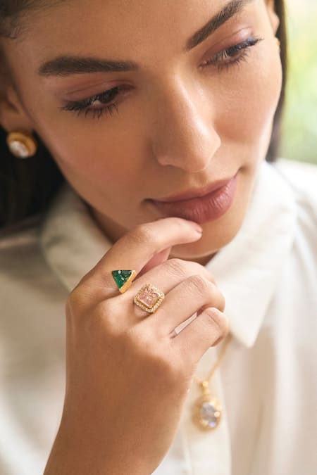 Shop_Aulerth X JJ Valaya_Green Engineered And Carved Stones Embellished Rumeli Ring _at_Aza_Fashions