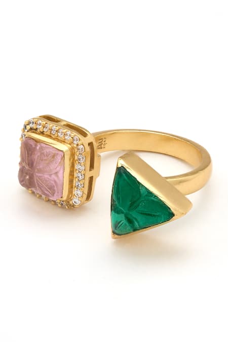 Aulerth X JJ Valaya_Green Engineered And Carved Stones Embellished Rumeli Ring _Online_at_Aza_Fashions