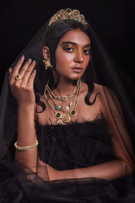 Aulerth X JJ Valaya Green Crystals Azra Geometric Cut Work Ring Online at Aza Fashions Aulerth X JJ Valaya_Green Crystals Azra Geometric Cut Work Ring _Online_at_Aza_Fashions