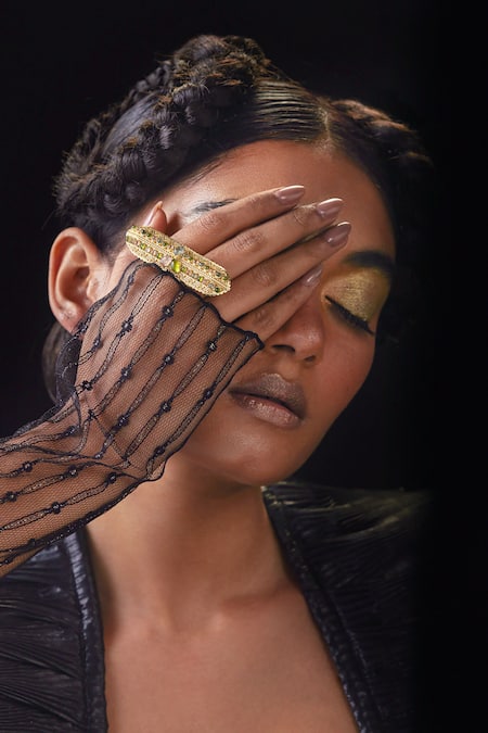 Aulerth X JJ Valaya Multi Color Crystals, Stones Azra Geometric Cut Work Double Ring