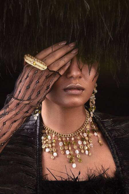 Aulerth X JJ Valaya_Multi Color Crystals, Stones Azra Geometric Cut Work Double Ring _Online_at_Aza_Fashions