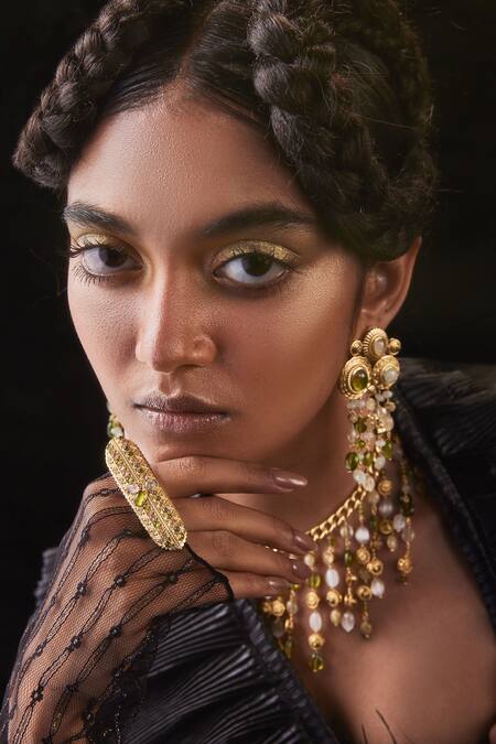 Buy_Aulerth X JJ Valaya_Multi Color Crystals, Stones Azra Geometric Cut Work Double Ring _Online_at_Aza_Fashions