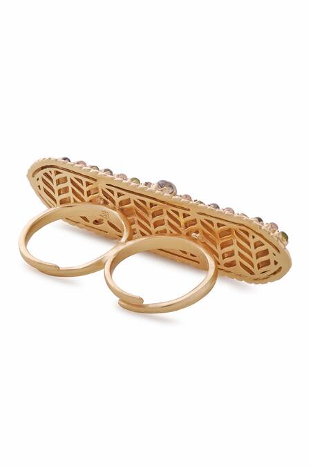 Shop_Aulerth X JJ Valaya_Multi Color Crystals, Stones Azra Geometric Cut Work Double Ring _Online_at_Aza_Fashions