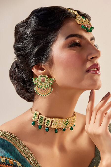 Shop Aulerth X JJ Valaya Green Rumeli Sculpted Choker Online at Aza Fashions Shop_Aulerth X JJ Valaya_Green Rumeli Sculpted Choker _Online_at_Aza_Fashions