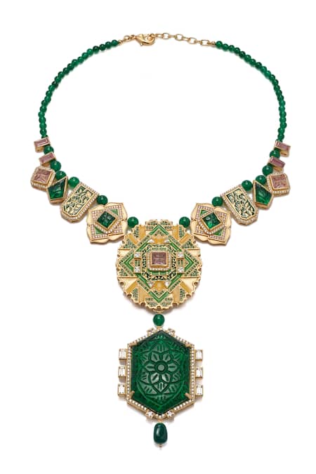Shop Aulerth X JJ Valaya Green Rumeli Embellished Necklace at Aza Fashions Shop_Aulerth X JJ Valaya_Green Rumeli Embellished Necklace _at_Aza_Fashions