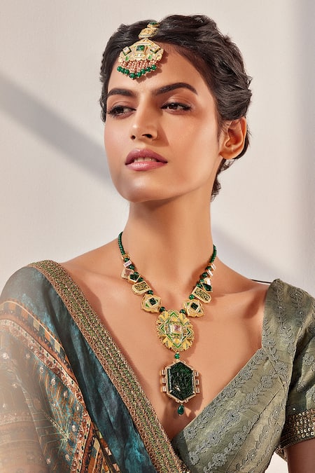 Aulerth X JJ Valaya Green Rumeli Embellished Necklace Online at Aza Fashions Aulerth X JJ Valaya_Green Rumeli Embellished Necklace _Online_at_Aza_Fashions