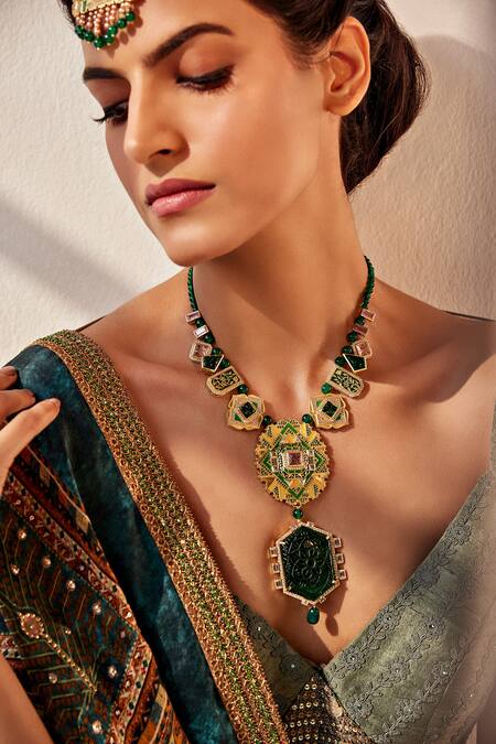 Buy Aulerth X JJ Valaya Green Rumeli Embellished Necklace Online at Aza Fashions Buy_Aulerth X JJ Valaya_Green Rumeli Embellished Necklace _Online_at_Aza_Fashions