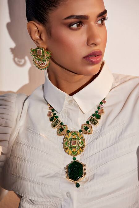 Shop Aulerth X JJ Valaya Green Rumeli Embellished Necklace Online at Aza Fashions Shop_Aulerth X JJ Valaya_Green Rumeli Embellished Necklace _Online_at_Aza_Fashions
