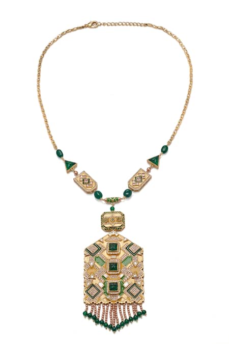 Shop Aulerth X JJ Valaya Green Rumeli Angular Necklace at Aza Fashions Shop_Aulerth X JJ Valaya_Green Rumeli Angular Necklace _at_Aza_Fashions