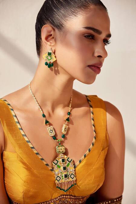 Aulerth X JJ Valaya Green Rumeli Angular Necklace Online at Aza Fashions Aulerth X JJ Valaya_Green Rumeli Angular Necklace _Online_at_Aza_Fashions