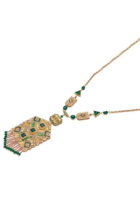 Aulerth X JJ Valaya Green Rumeli Angular Necklace at Aza Fashions Aulerth X JJ Valaya_Green Rumeli Angular Necklace _at_Aza_Fashions