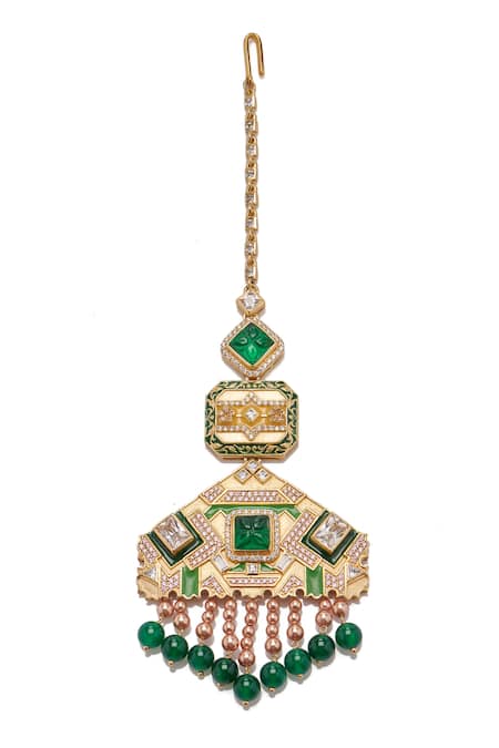 Shop Aulerth X JJ Valaya Green Emerald Embellished Maangtikka at Aza Fashions Shop_Aulerth X JJ Valaya_Green Emerald Embellished Maangtikka _at_Aza_Fashions